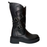 stivale biker in pelle con taglio asimmetrico e doppia fibbia